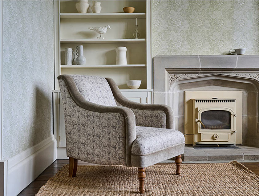 Rothermere Chair in RHS Gertrude Jekyll Ornamental Brown with Arms and Front Border in Mohair Mushroom